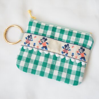 【ギンガム×オパールブルー】レトロ刺繍リボンのティッシュケース付きミニポーチ / ポケットティッシュケース