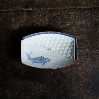 金の目の鯉◆瀬戸焼　時代青磁陽刻金彩刺身皿 　長方皿　古道具　古民家　昭和初期