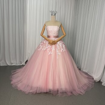 カラードレス 薄桃色 ベアトップ キラキラ光る刺繍 リーフ刺繍 ミニトレーン 編み上げ フレアスカート 花嫁