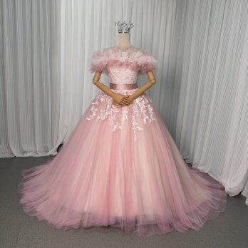 カラードレス 薄桃色 取り外しオフショルダー キラキラ光る刺繍 リーフ刺繍 ミニトレーン 編み上げ フレアスカート 花嫁