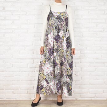 小花柄パッチワークプリントキャミソールギャザーワンピース　大きいサイズあり