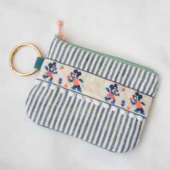 【ストライプ×ティールグリーン】レトロ刺繍リボンのティッシュケース付きミニポーチ / ポケットティッシュケース