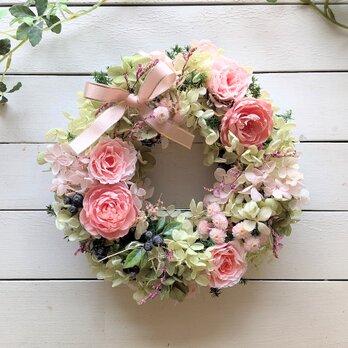オールドローズとピンクの小花のプリザーブドフラワーリース[p20261012]