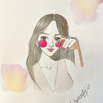 グレージュピンクのワンピースを着た女性 透明水彩 B5 原画