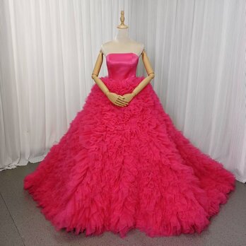 人気上昇！カラードレス ローズピンク ベアトップ ボリュームドレス チュールスカート ファスナー 花嫁