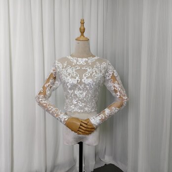 ボレロ ラウンドネック 上品透け袖 長袖 エレガントレース くるみボタン 結婚式