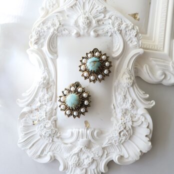 【フランス買付】ターコイズブルー フラワーイヤリング ＊French Vintage Elegance 1980s