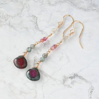 ルビーインゾイサイトとトルマリンのピアス・イヤリング変更可・14kgf