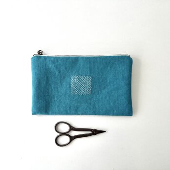 刺繍入りぺたんこポーチ　ターコイズ