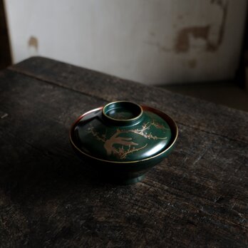 梅と鳥◆深緑で素敵。時代物　漆芸蒔絵蓋付椀　古漆器　骨董・antiques 古道具　幕末〜明治【捲れ有り】i2