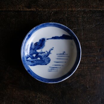 素朴な風景図◆側面に蝙蝠。瀬戸焼　染付中皿　骨董・antiques 古民家　大正期