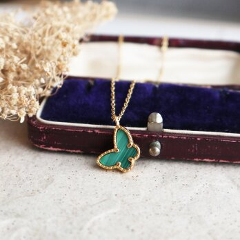 天然石マラカイトのパピヨンネックレス＊孔雀石／ミル打ちゴールド　金アレ対応