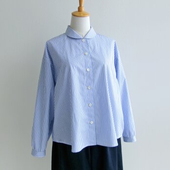 播州織コットン＊ゆったりシルエットのブラウス（青＆白ストライプ）