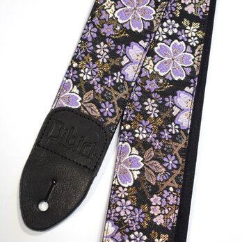 桜ブラック　帆布ギターストラップ　京都金襴