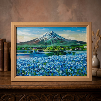 油彩画「湖畔に揺れる青い奇跡」風景画 / 油絵原画 / ブルー