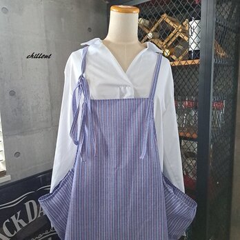 【背中がかわいい】エプロンドレス：ブルー：ストライプ【1016】