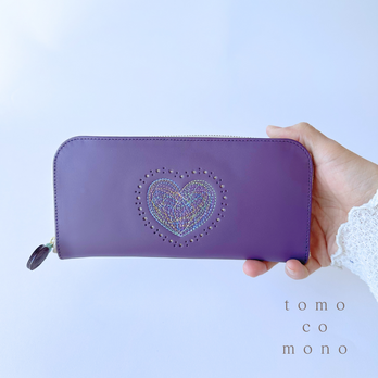 エコレザー × 刺繍革財布『HEART』PLUM／パープル（牛革）長財布☆ラウンドファスナー☆のコピー