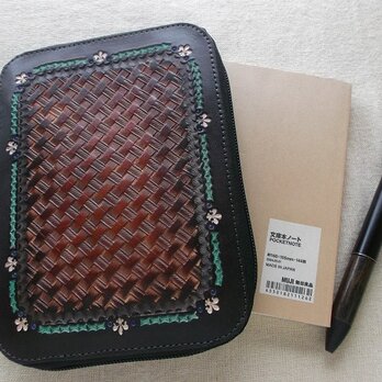 レザーマルチケース（文房具、手帳　母子手帳　お薬手帳など）　ラウンドファスナータイプ　文庫サイズ