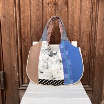 ふっくらグラニーバッグ　風景画とブルー