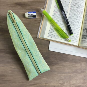 【エスニック】畳縁　テトラ型　ペンケース　エメラルドグリーン　ゴールド　オリエンタル