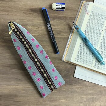 【足あと】畳縁　テトラ型　ペンケース　グレー　ピンク　肉球　犬　猫