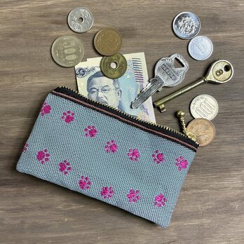 【足あと】畳縁　ぺたんこ　ミニポーチ　カードケース　小銭入れ　肉球　グレー　ピンク　犬　猫