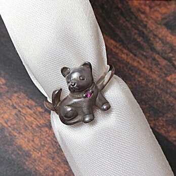 ブラック（黒）子犬リング：天然ルビー　＊あなたの誕生石もセットできます。日本製