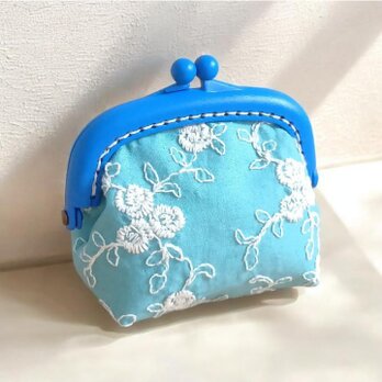 薔薇柄刺繍　プラスチックのがま口ミニポーチ　コインケース　8.5cm口金　アクセサリーケース　アクアターコイズ　655