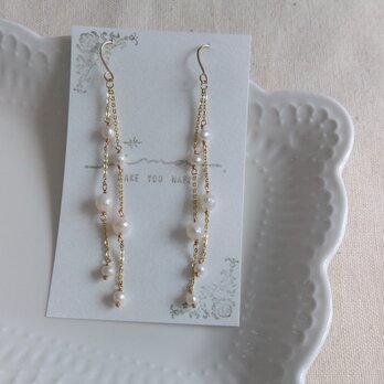 14kgf カット淡水パールのキラキラチェーンピアス