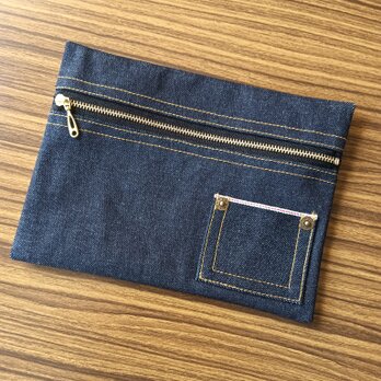 ぺたんこポーチ ☆ 岡山デニム【ブラック×ゴールド】　セルビッチ　赤耳　ポーチ　小物入れ