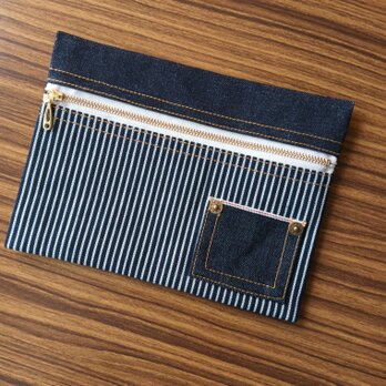 ぺたんこポーチ ☆ 岡山デニム【淡ベージュ×ゴールド】　セルビッチ　ヒッコリー　赤耳　ポーチ　小物入れ