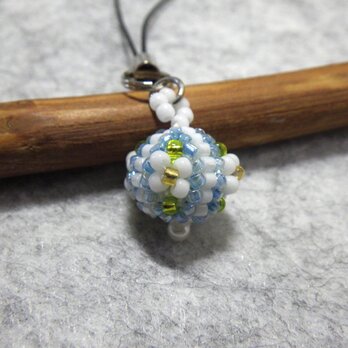 彩花珠～四ツ花ビーズ玉ストラップ（白色×水色）