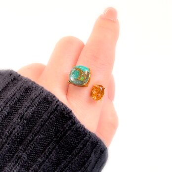 サイズ調整可能　天然石コッパーアマゾナイトとサンストーンのフォークリング　【gift box入り】　