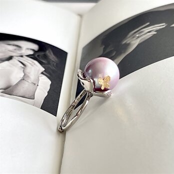 大粒 淡水真珠 バタフライ付き ラベンダーパープル フラワーリング (12.9mm) 1点のみ