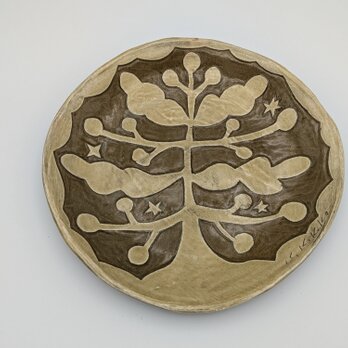 【Omokage】はじまりの木（24cm 黄瀬戸掻き落とし大皿）