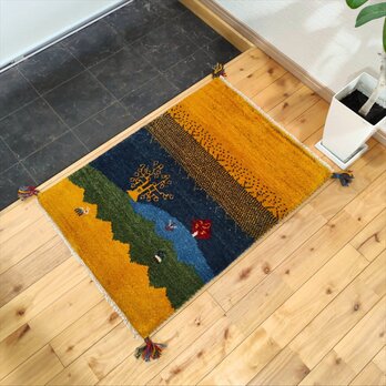 ペルシャ ギャッベ　玄関マット　ラグ　85x62cm　黄金色　風景　生命の木　RJ13607s
