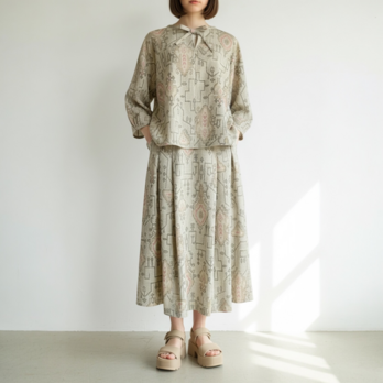 リボンブラウス　プリーツスカート　セットアップ【送料込み】着物リメイク　ベージュ