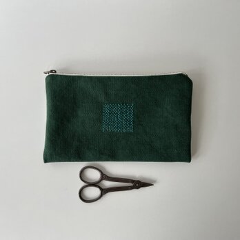 刺繍入りぺたんこポーチ　深緑