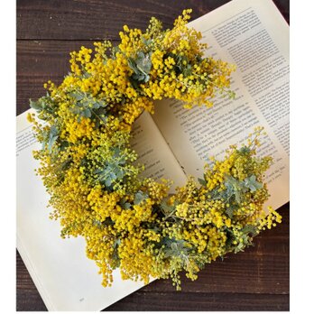 たっぷりミモザの三日月リース ボリュームに命をかけて作りました ドライフラワーリース 25～28cm