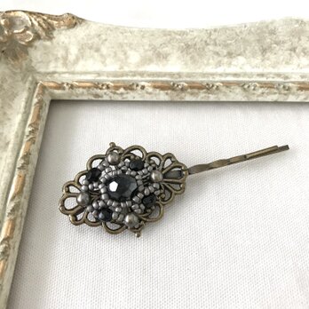 アンティーク調 ヘアピン　黒 ブラック チェコガラス ビーズ パール ひし形