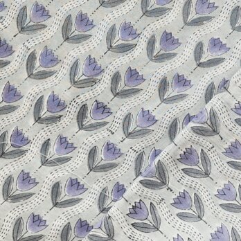 インド ブロックプリント生地 [50cm単位切り売り] サンガネリ パープル チューリップ on グレー IF0474
