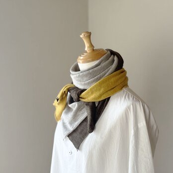 ベルギーリネン  大判スカーフ［Tsumiki］　カーキ/ナチュラル/イエロー