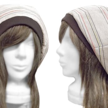 ゆったりルーズ・リブ付ベレー帽◆ボーダー柄ジャガード織コットンリネンニット／ベージュ系　◇オールシーズン着用・小顔効果◇