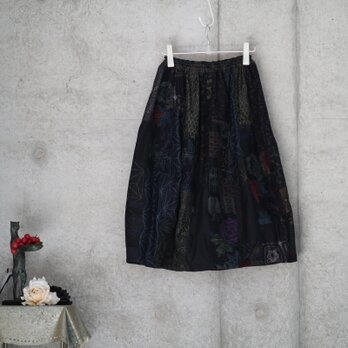 紬のぷっくらスカート  パッチワーク　フリーサイズ 　着物リメイク