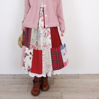 リネンパッチティアードスカート☆ポピー・レッド │お花見 ドライブ 1点物 コットン 旅行