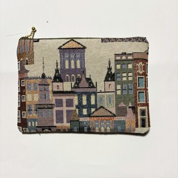 フランス生地　ヨーロッパの街並みラメ入りポーチ　通帳入れ　コスメ入れ　薬入れなど