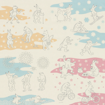 風呂敷　ふろしき   くらしの布　鳥獣戯画　春夏秋冬　綿100％　75cm×75cm　クリーム