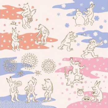 風呂敷　ふろしき   くらしの布　鳥獣戯画　春夏秋冬　綿100％　50cm×50cm　ピンク