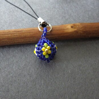 彩花珠～四ツ花ビーズ玉ストラップ（白色＆黄色×青色）