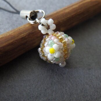 彩花珠～四ツ花ビーズ玉ストラップ（白色×金色＆白色）
